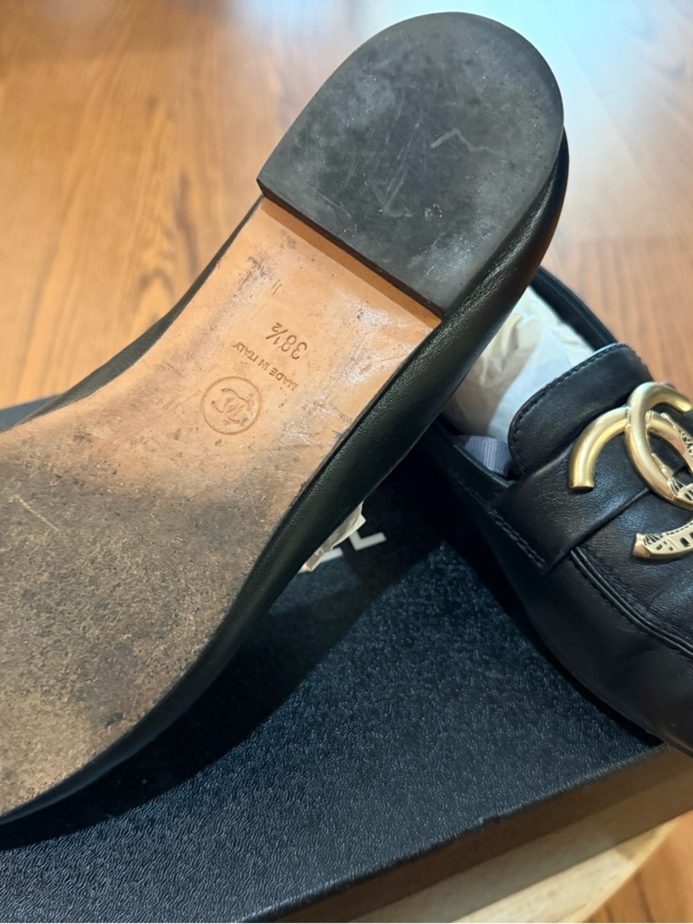 CHANEL Black  Leather Loafers with Gold CC Medallion . - Picture 3 of 12